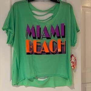 Miami Beach, souvenir, cut outs, Shredded Graphic T-Shirt, Neon Green - NWT